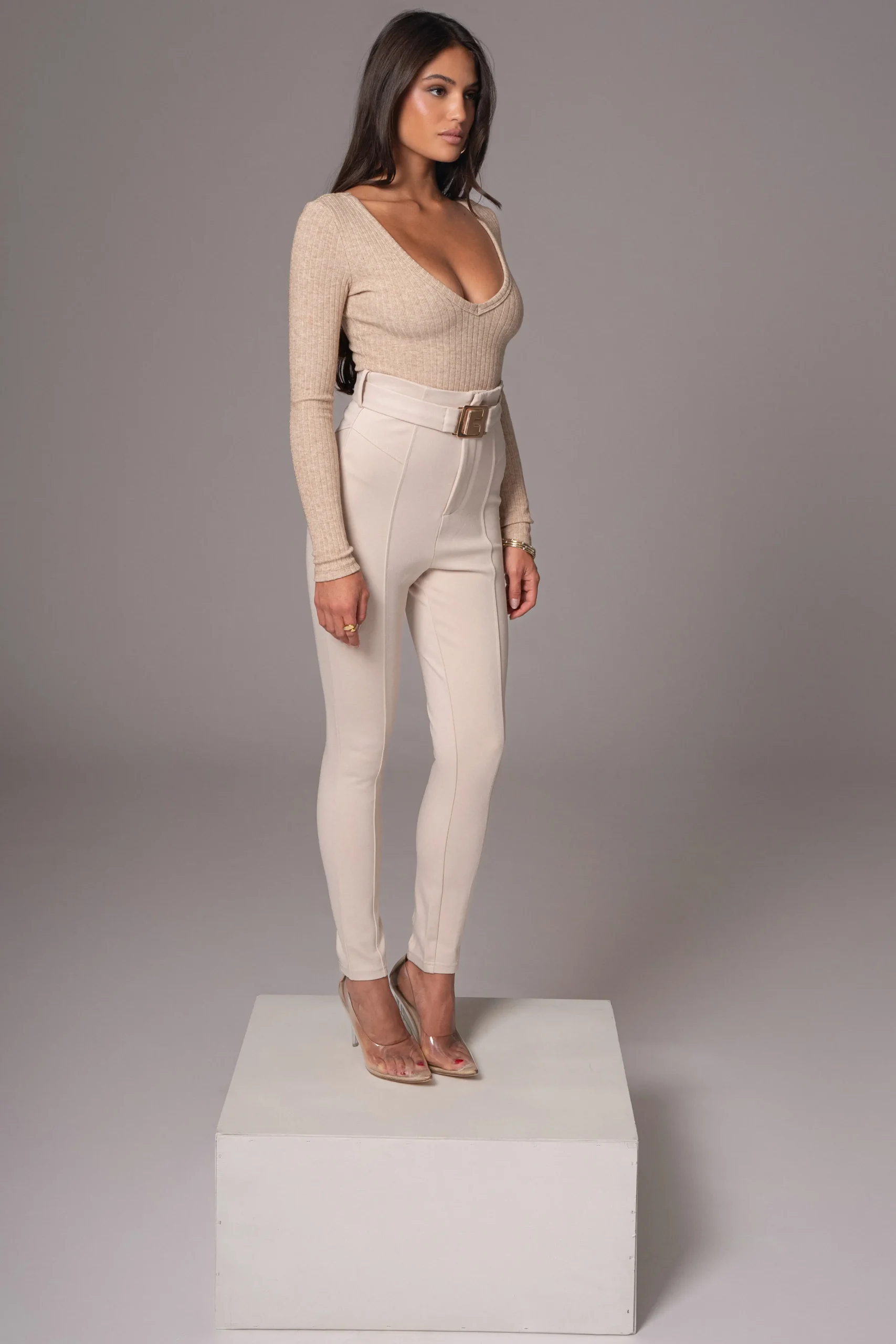 Beige Golden Buckled Pants*JLUXLABEL Online