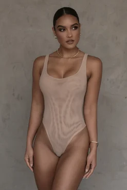 Beige Mesh Essentials Tank Bodysuit Undergarment*JLUXLABEL New