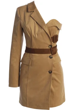 Beige One Shoulder Suede Blazer Dress*JLUXLABEL Clearance