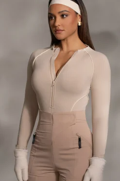 Beige Rise Up Zip Front Bodysuit*JLUXLABEL Clearance