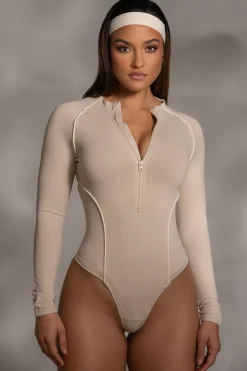 Beige Rise Up Zip Front Bodysuit*JLUXLABEL Clearance
