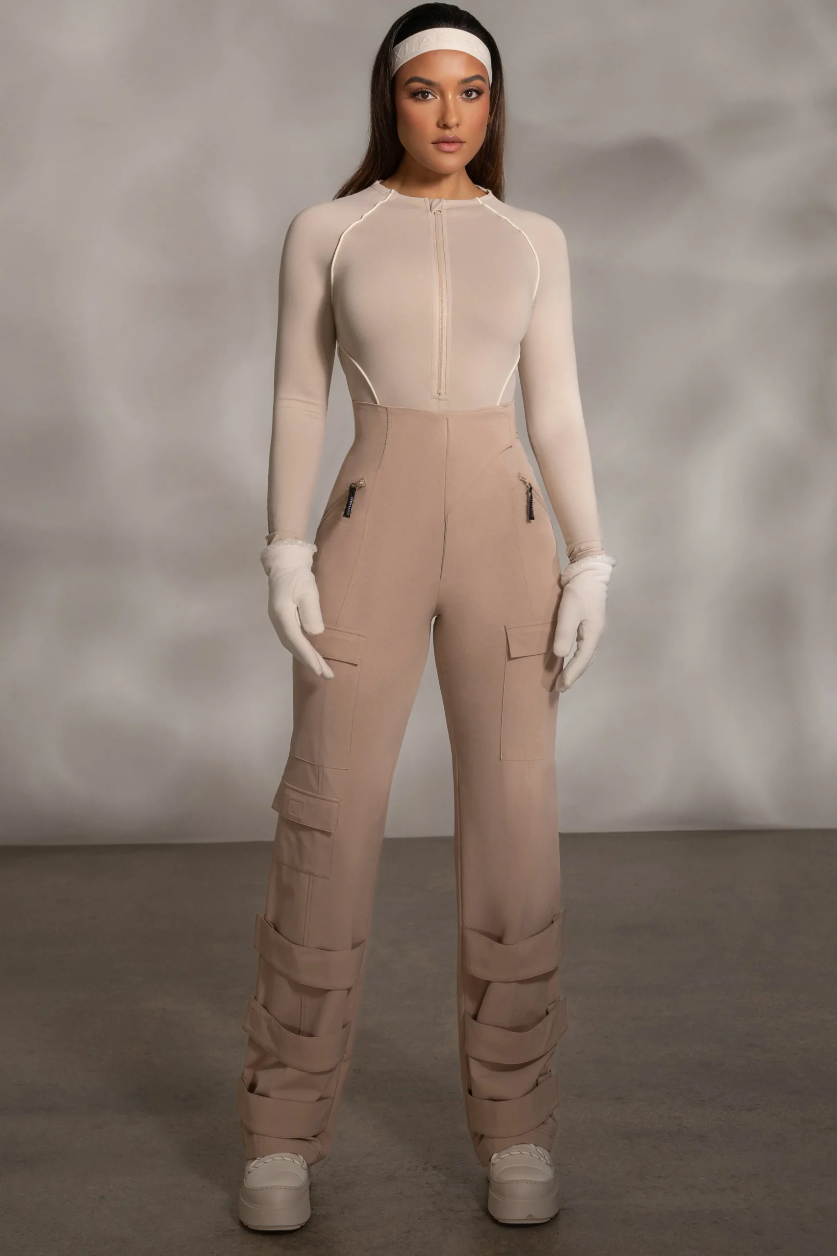 Beige Rise Up Zip Front Bodysuit*JLUXLABEL Clearance