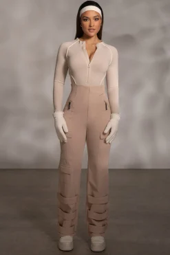 Beige Rise Up Zip Front Bodysuit*JLUXLABEL Clearance