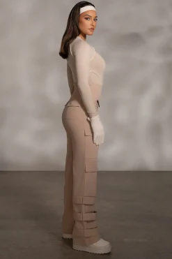 Beige Rise Up Zip Front Bodysuit*JLUXLABEL Clearance