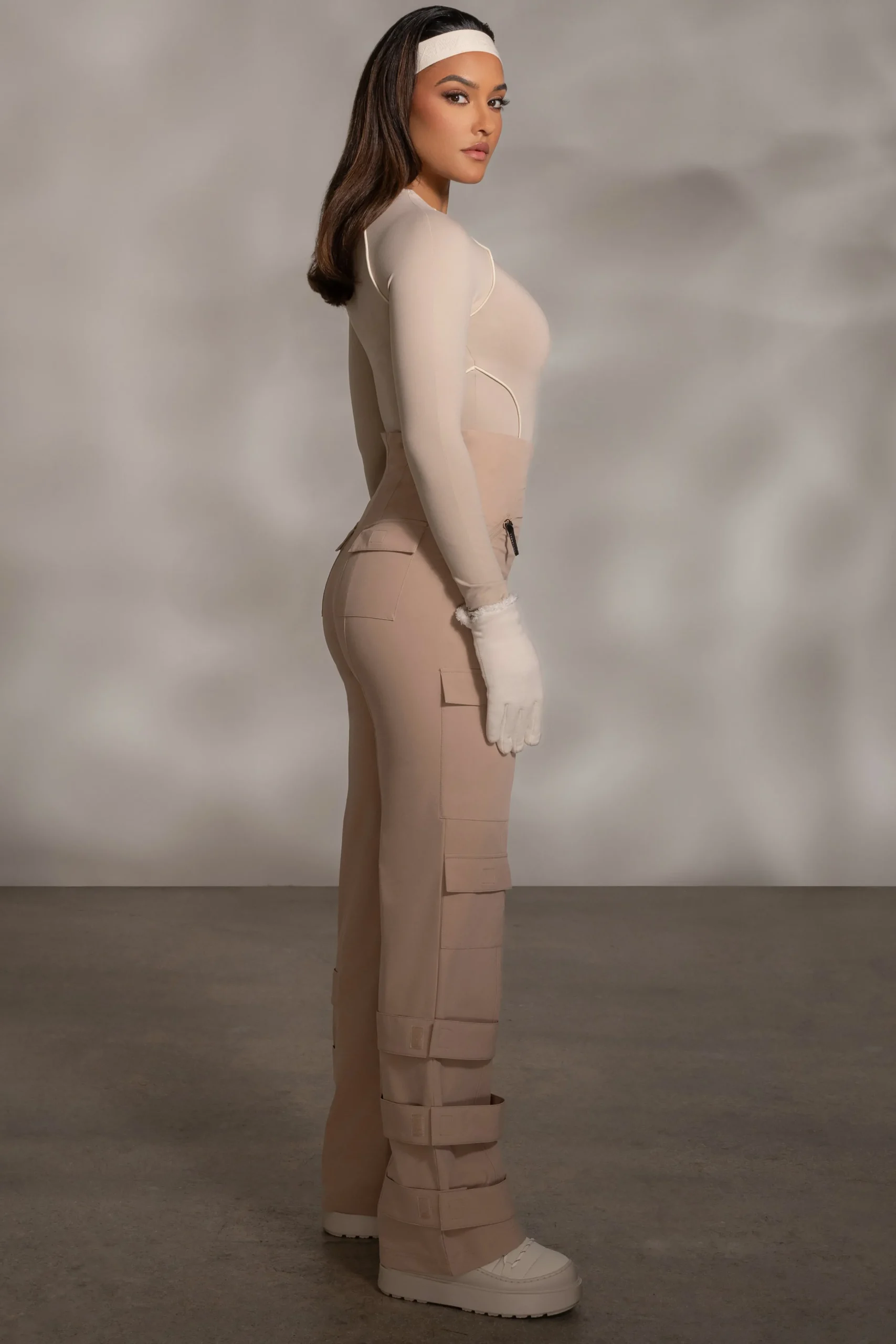 Beige Rise Up Zip Front Bodysuit*JLUXLABEL Clearance