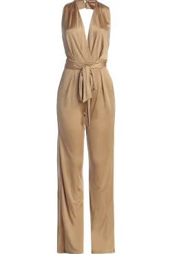 Beige Slinky Halter Belted Jumpsuit*JLUXLABEL Fashion