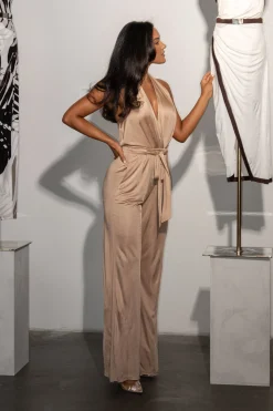 Beige Slinky Halter Belted Jumpsuit*JLUXLABEL Fashion