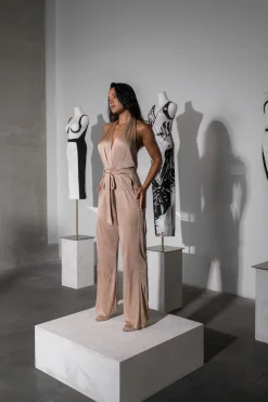 Beige Slinky Halter Belted Jumpsuit*JLUXLABEL Fashion
