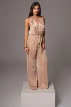 Beige Slinky Halter Belted Jumpsuit*JLUXLABEL Fashion