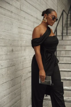 Black Asymmetrical Draped Trousers*JLUXLABEL Fashion