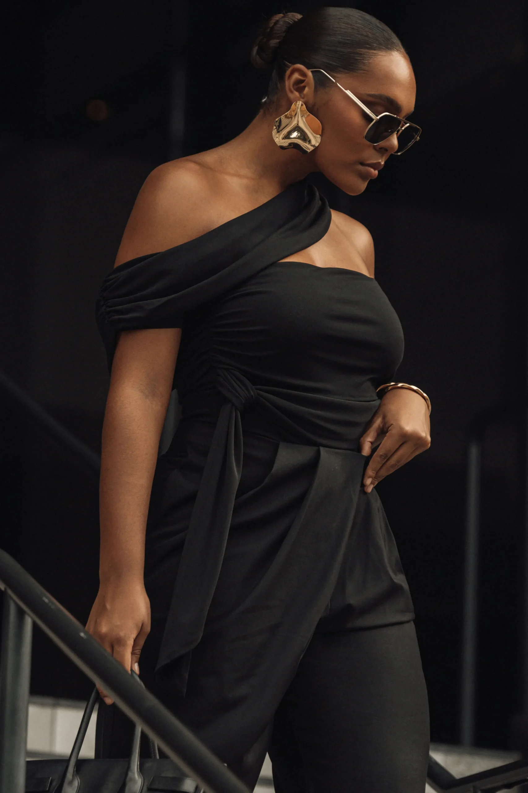 Black Asymmetrical Draped Trousers*JLUXLABEL Fashion