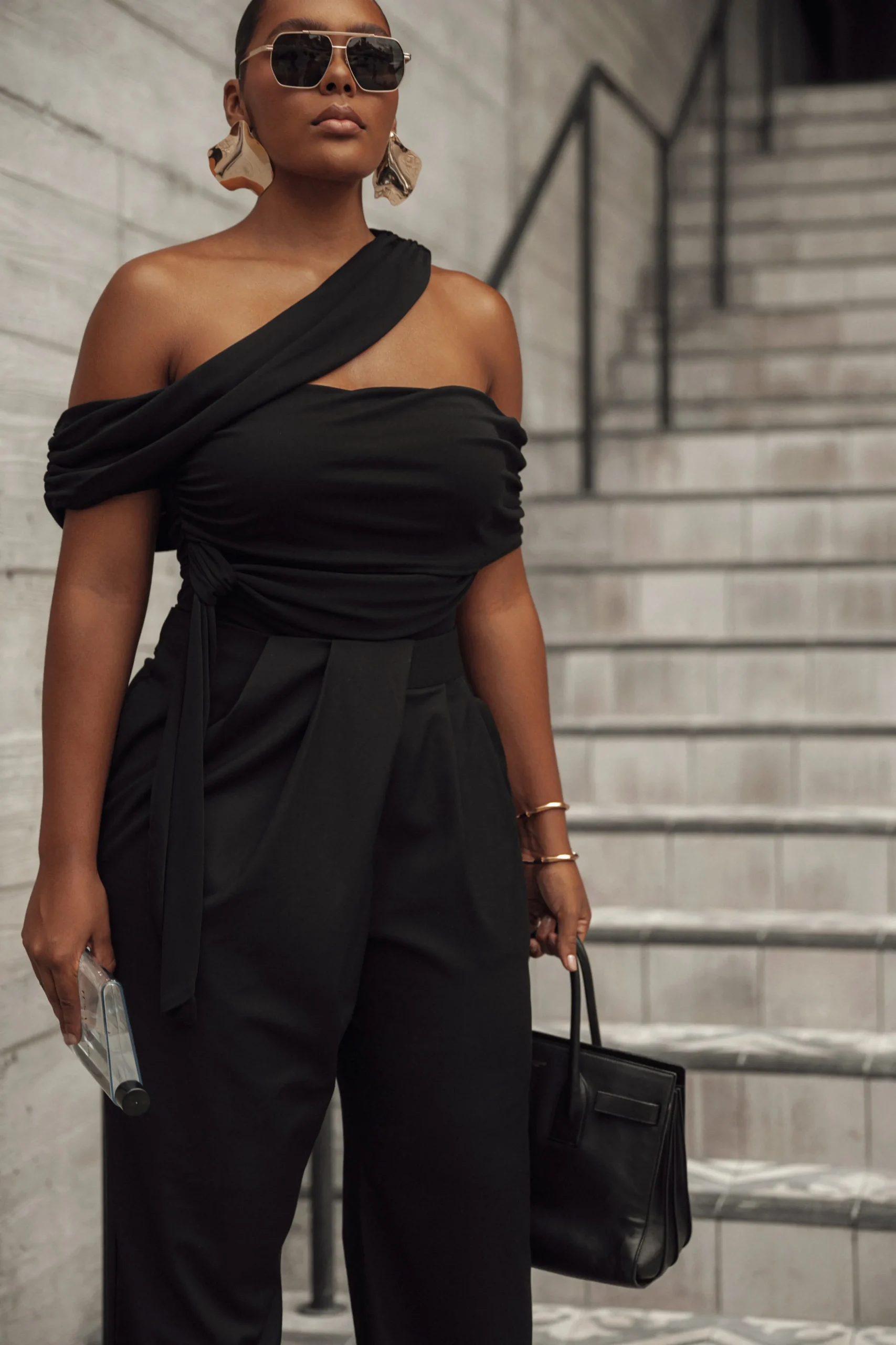 Black Asymmetrical Draped Trousers*JLUXLABEL Fashion