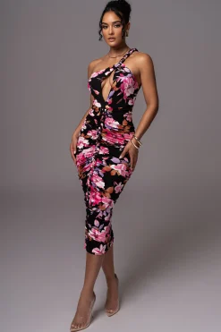 Black Floral Jess Ruched Midi Dress*JLUXLABEL Online