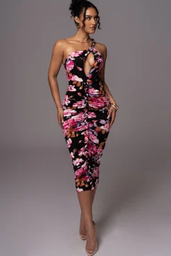 Black Floral Jess Ruched Midi Dress*JLUXLABEL Online