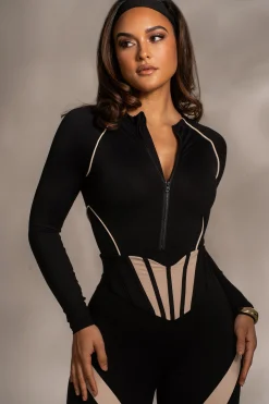 Black Rise Up Zip Front Bodysuit*JLUXLABEL Online