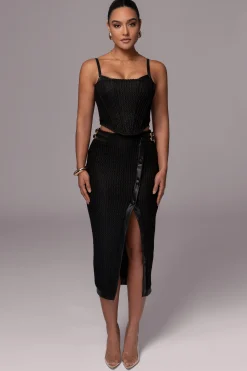 Black Textured Mystique Midi Skirt*JLUXLABEL New