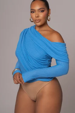 Blue Textured One Shoulder Bodysuit*JLUXLABEL Clearance