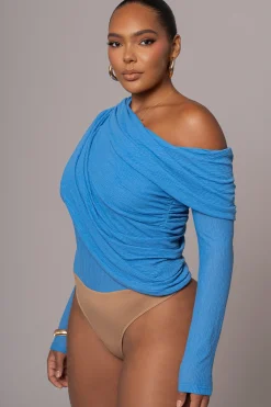 Blue Textured One Shoulder Bodysuit*JLUXLABEL Clearance