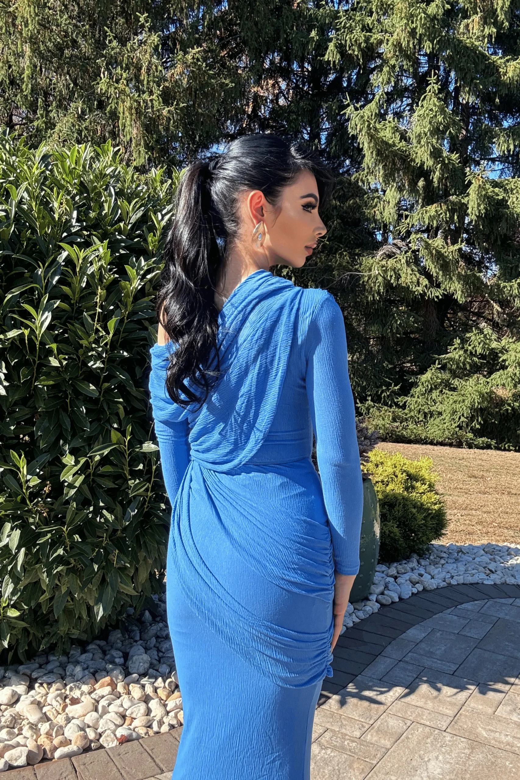 Blue Textured One Shoulder Bodysuit*JLUXLABEL Clearance