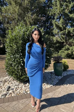 Blue Textured One Shoulder Bodysuit*JLUXLABEL Clearance