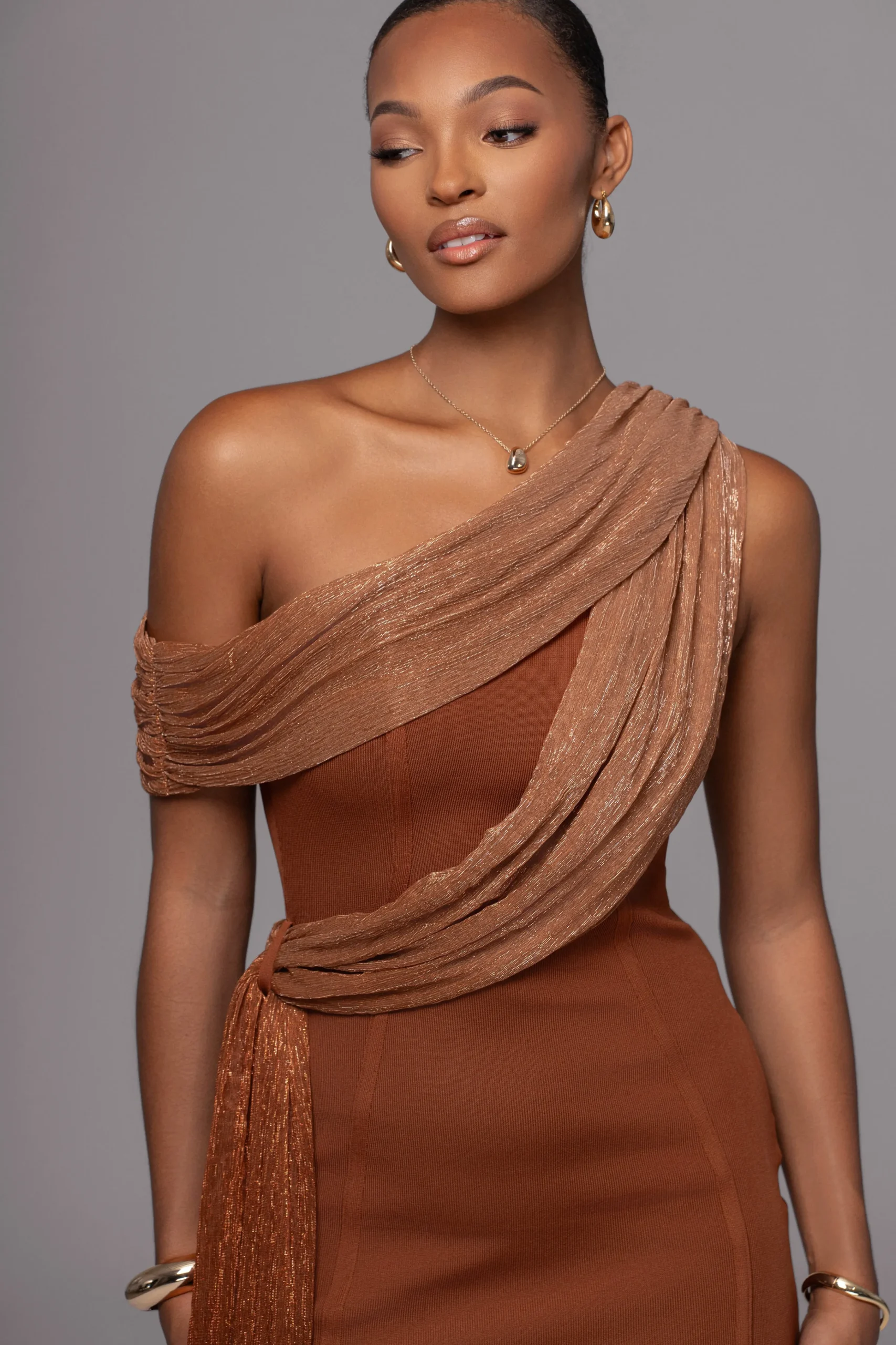 Bronze Asymmetric Drape Mini Dress*JLUXLABEL Online