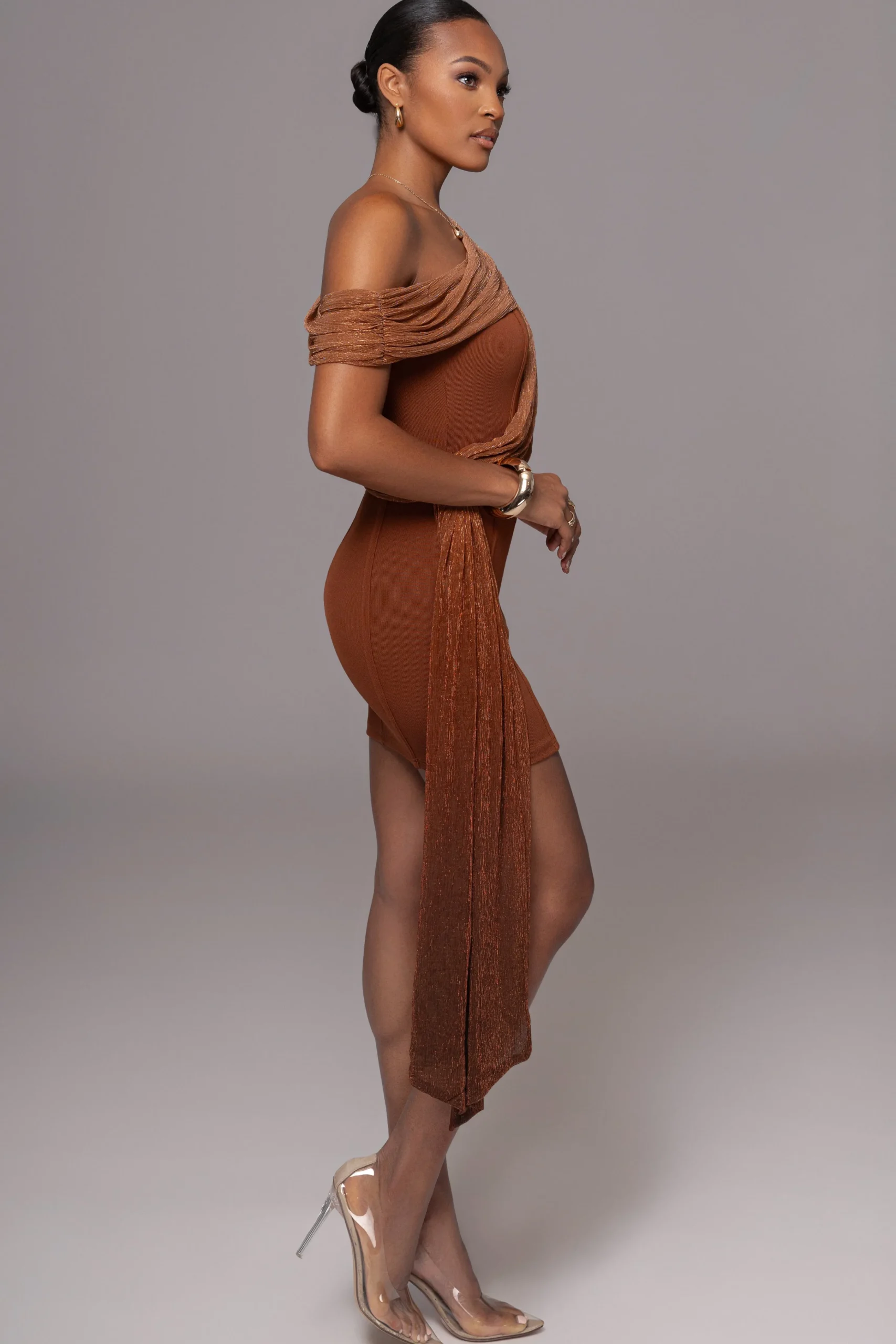 Bronze Asymmetric Drape Mini Dress*JLUXLABEL Online