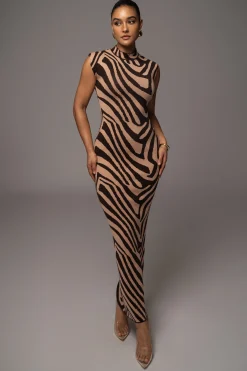 Brown Abstract Print Edel Mock Maxi Dress*JLUXLABEL Fashion