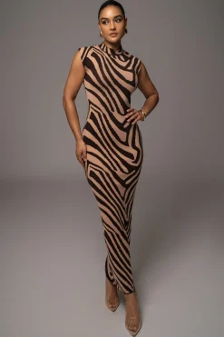 Brown Abstract Print Edel Mock Maxi Dress*JLUXLABEL Fashion