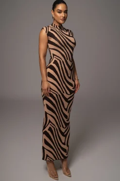 Brown Abstract Print Edel Mock Maxi Dress*JLUXLABEL Fashion