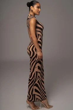 Brown Abstract Print Edel Mock Maxi Dress*JLUXLABEL Fashion