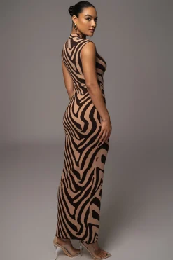 Brown Abstract Print Edel Mock Maxi Dress*JLUXLABEL Fashion