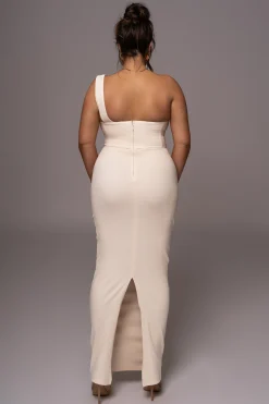 Buttercream Denim Krishna One Shoulder Maxi Dress*JLUXLABEL Clearance