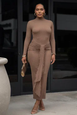 Chocolate Drape Mock Neck Dress*JLUXLABEL Fashion