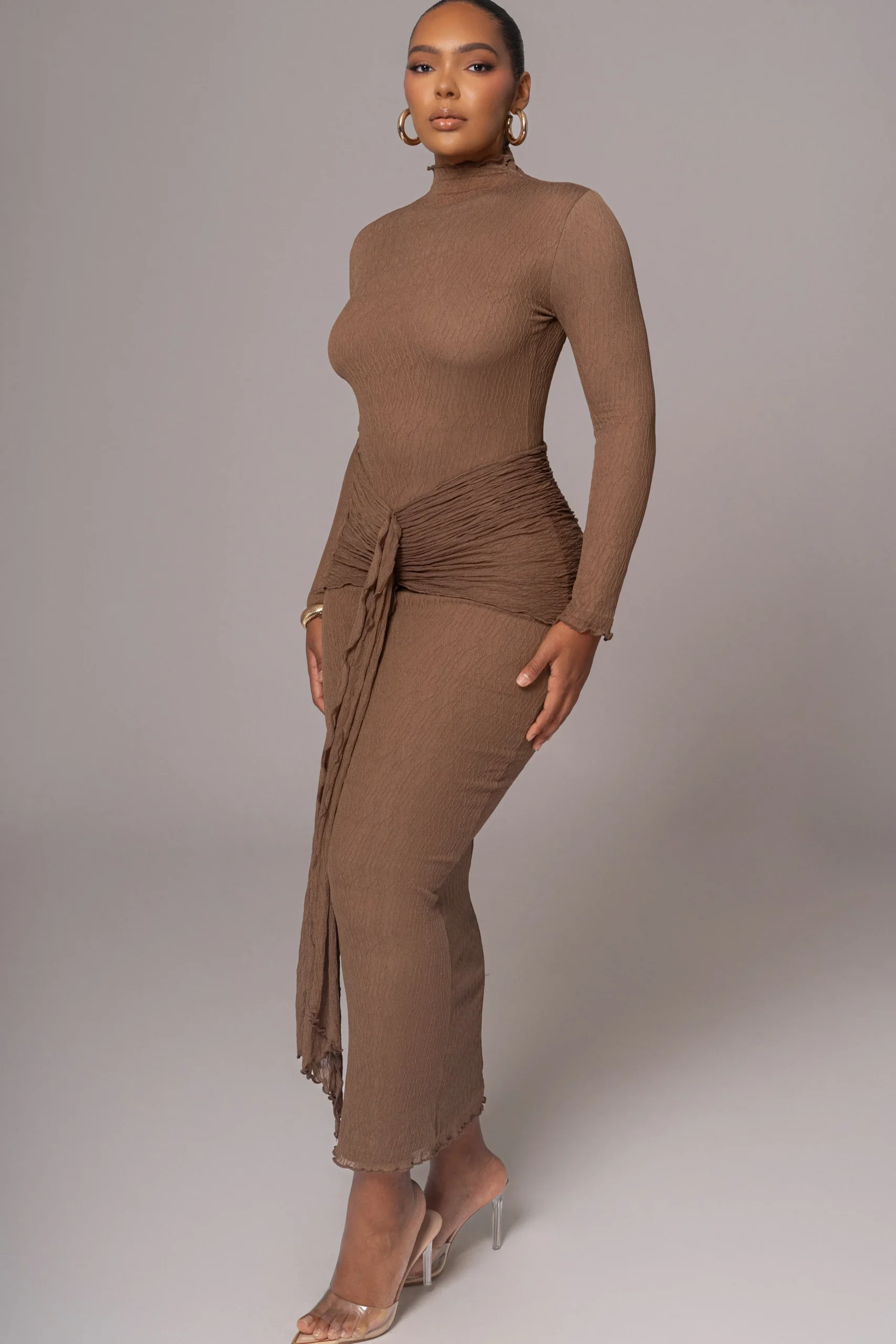 Chocolate Drape Mock Neck Dress*JLUXLABEL Fashion