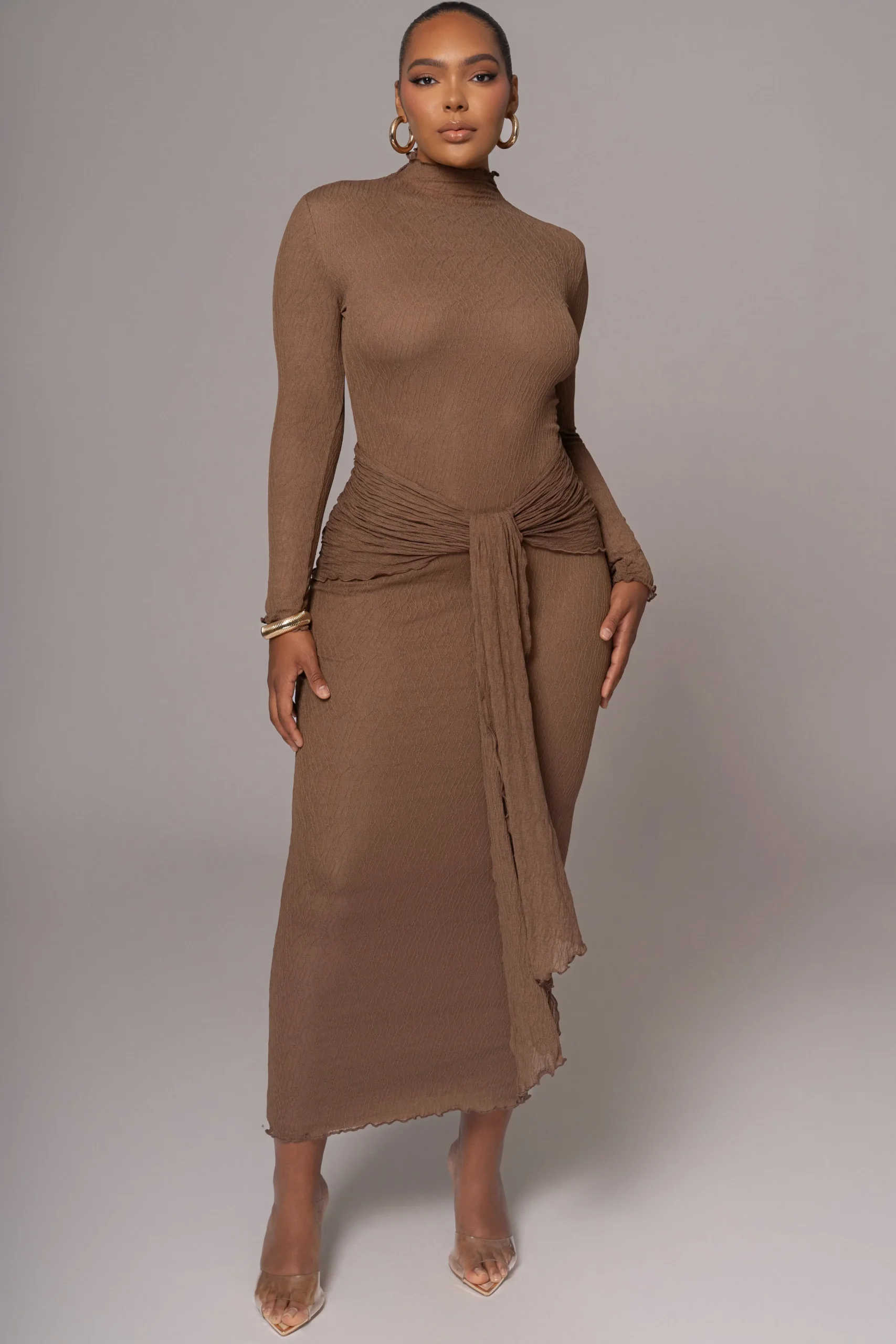 Chocolate Drape Mock Neck Dress*JLUXLABEL Fashion