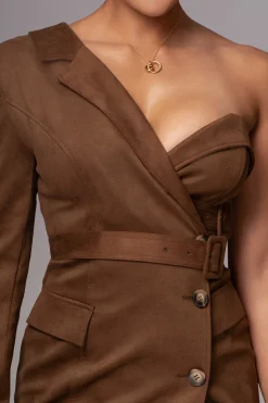 Chocolate One Shoulder Suede Blazer Dress*JLUXLABEL Sale