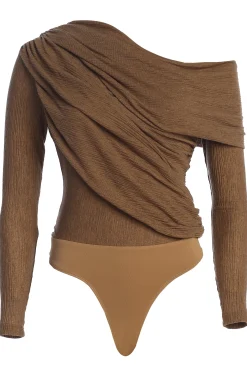 Chocolate Textured One Shoulder Bodysuit*JLUXLABEL Outlet