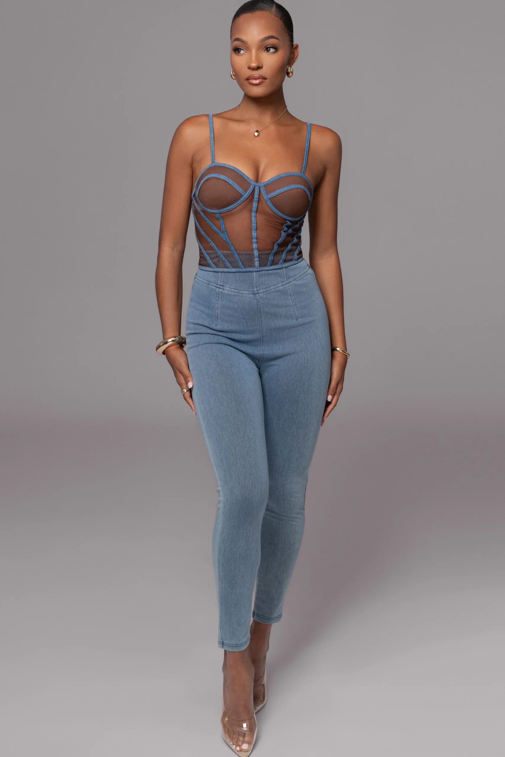 Dark Denim Illusion Mesh Bustier*JLUXLABEL Best