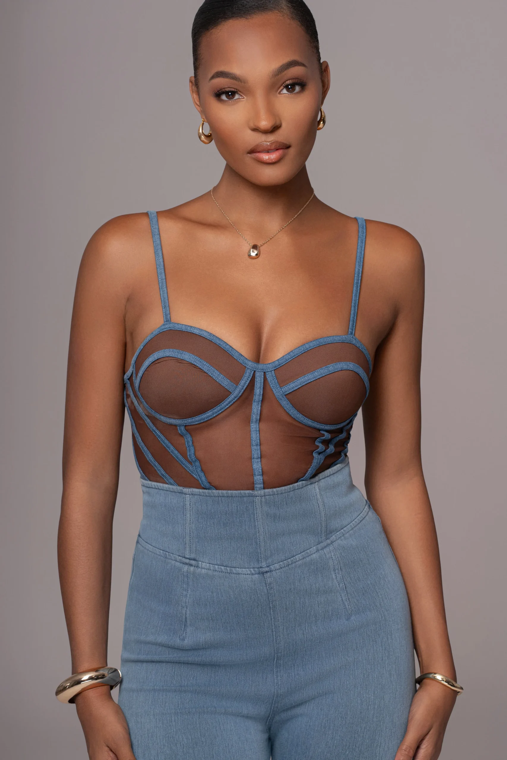Dark Denim Illusion Mesh Bustier*JLUXLABEL Best