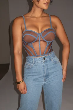 Dark Denim Illusion Mesh Bustier*JLUXLABEL Best