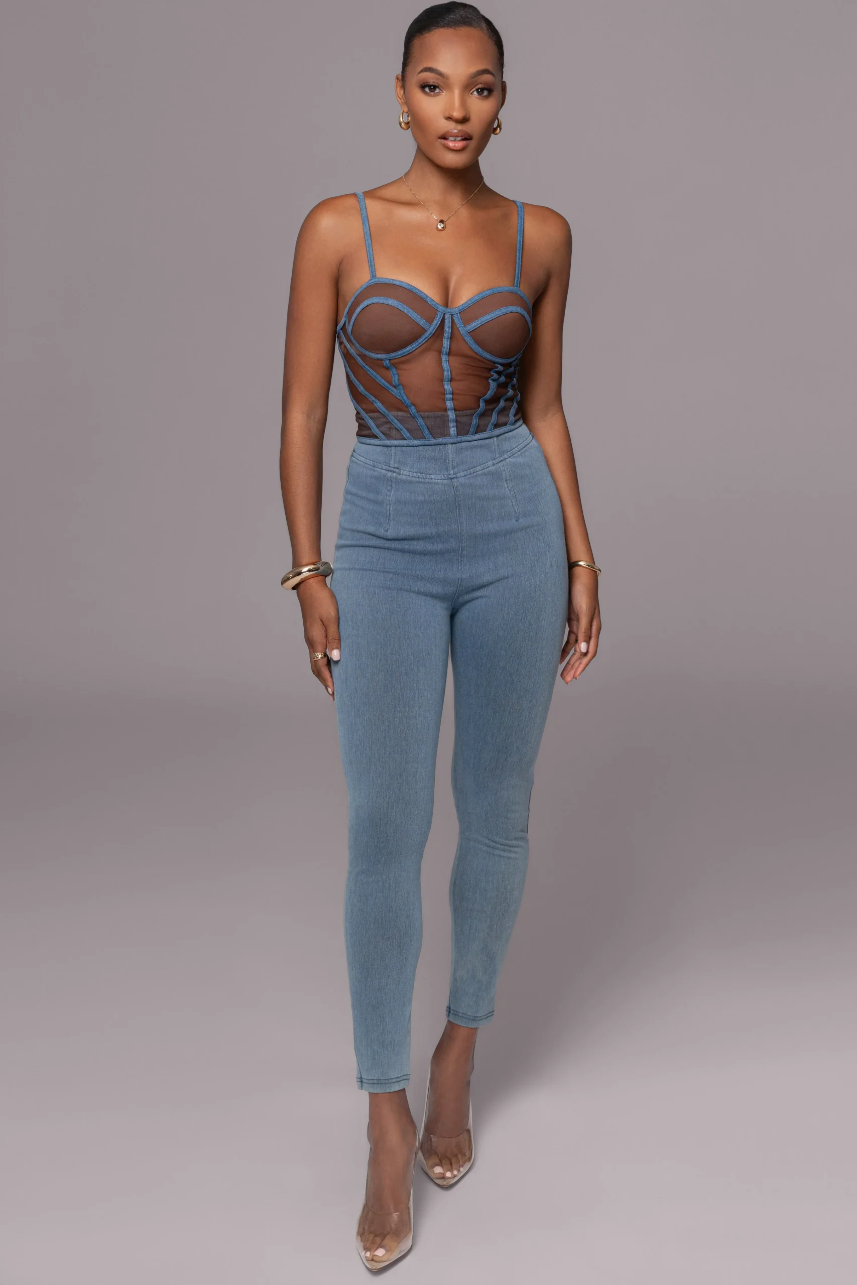 Dark Denim Illusion Mesh Bustier*JLUXLABEL Best