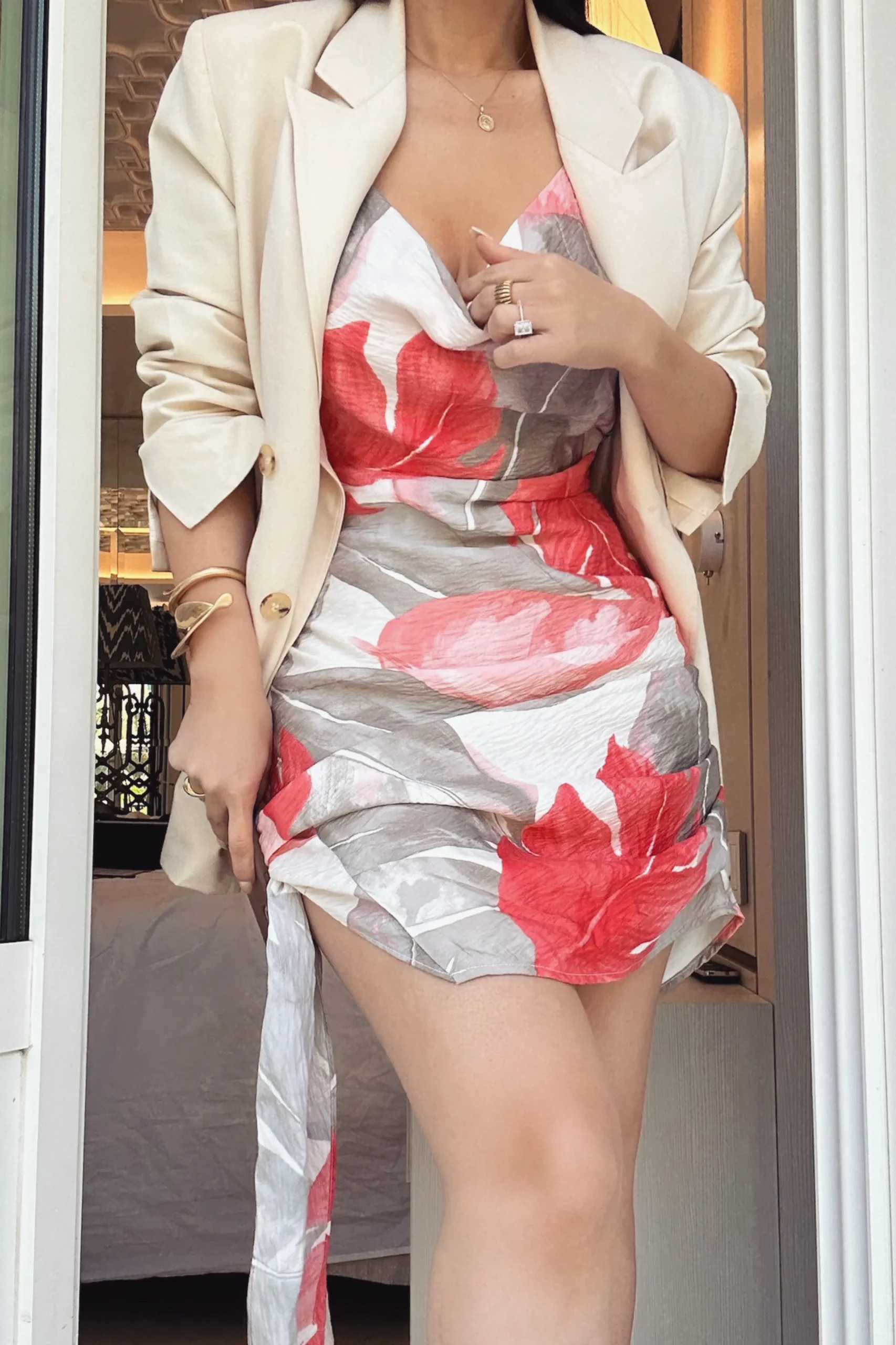 Ivory Palm Print Marise Drape Mini Dress*JLUXLABEL Online