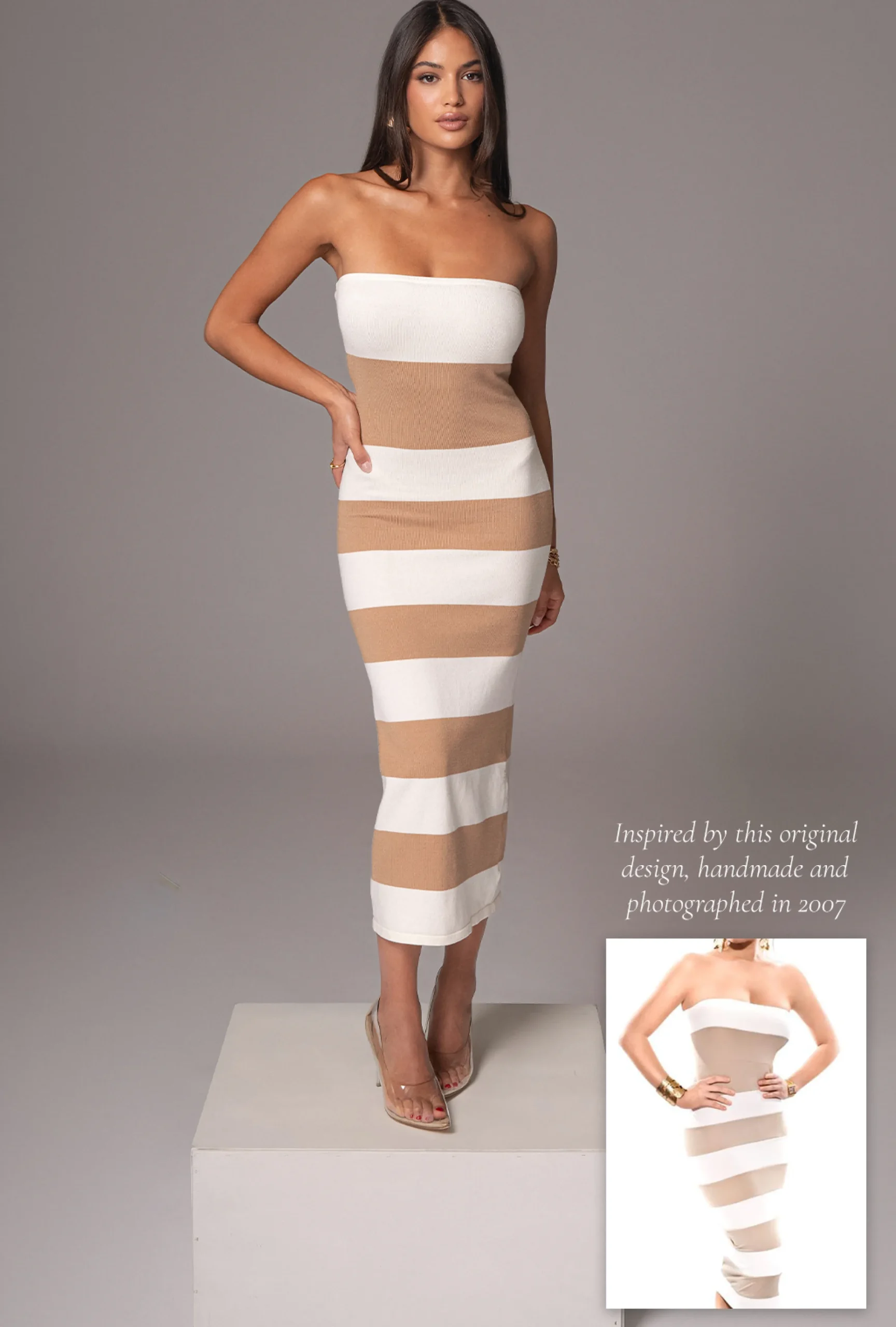Ivory/Beige Striped Strapless Midi Dress*JLUXLABEL New
