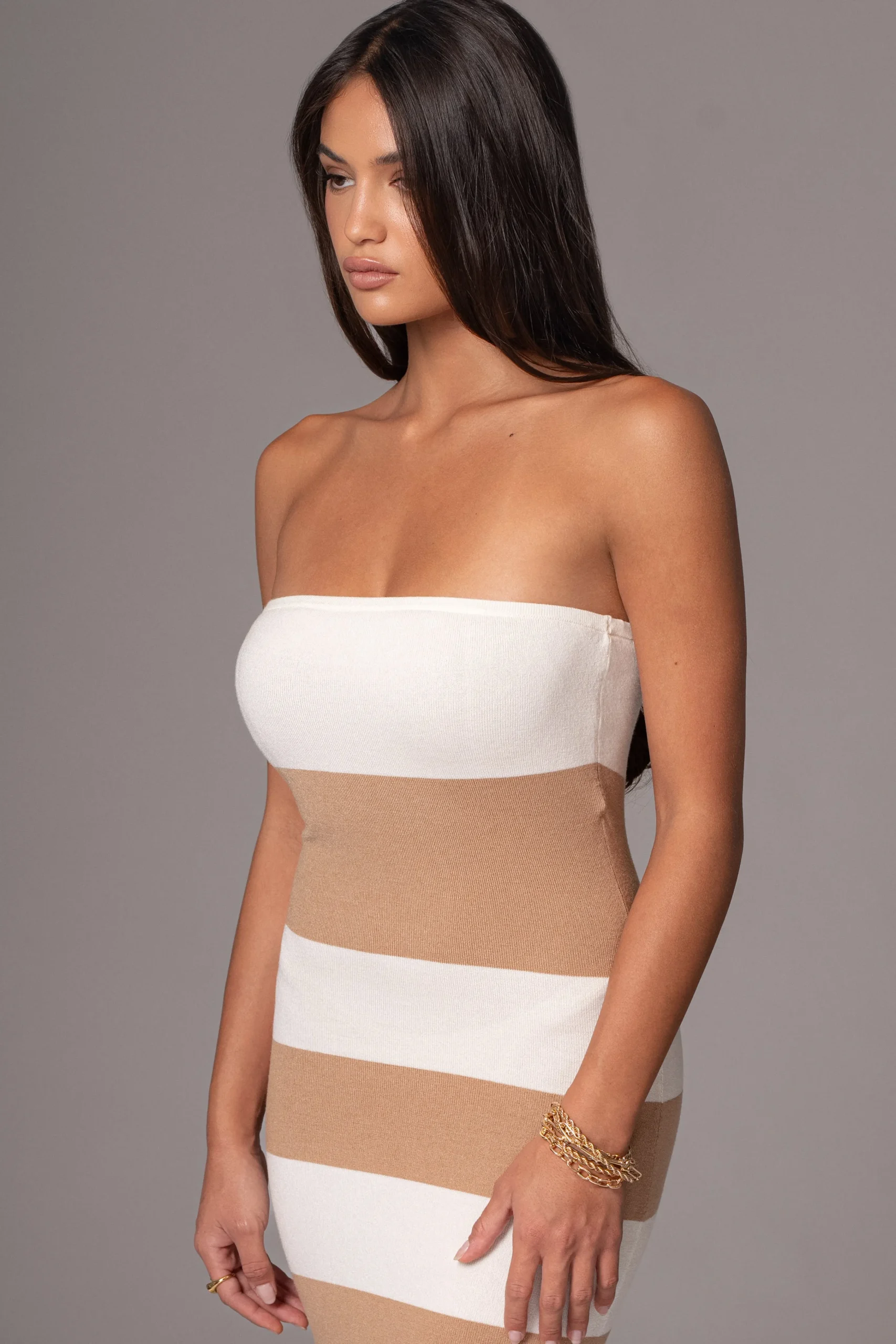 Ivory/Beige Striped Strapless Midi Dress*JLUXLABEL New