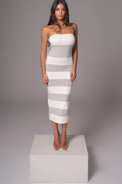 Ivory/Heather Grey Striped Strapless Midi Dress*JLUXLABEL Outlet