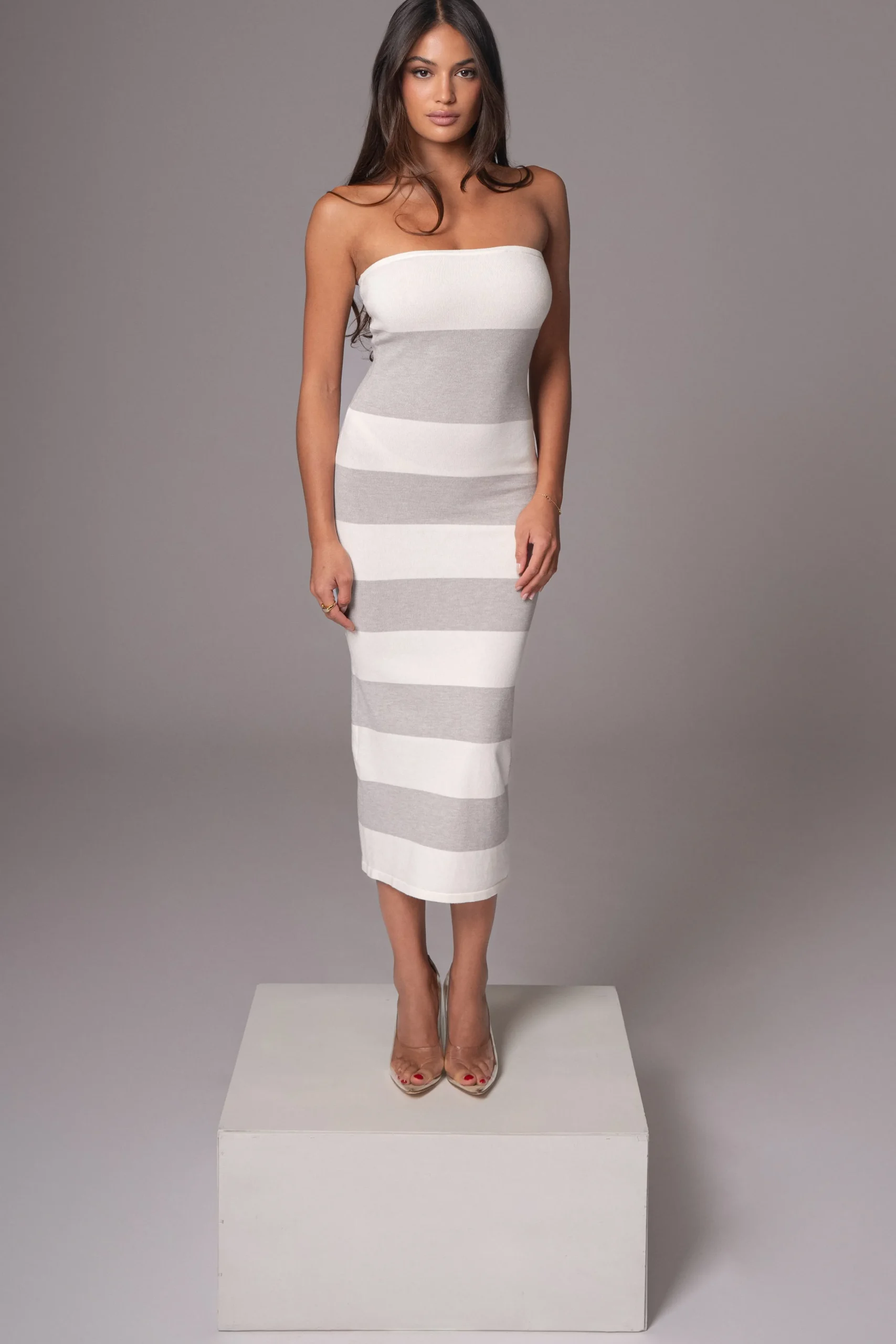 Ivory/Heather Grey Striped Strapless Midi Dress*JLUXLABEL Outlet