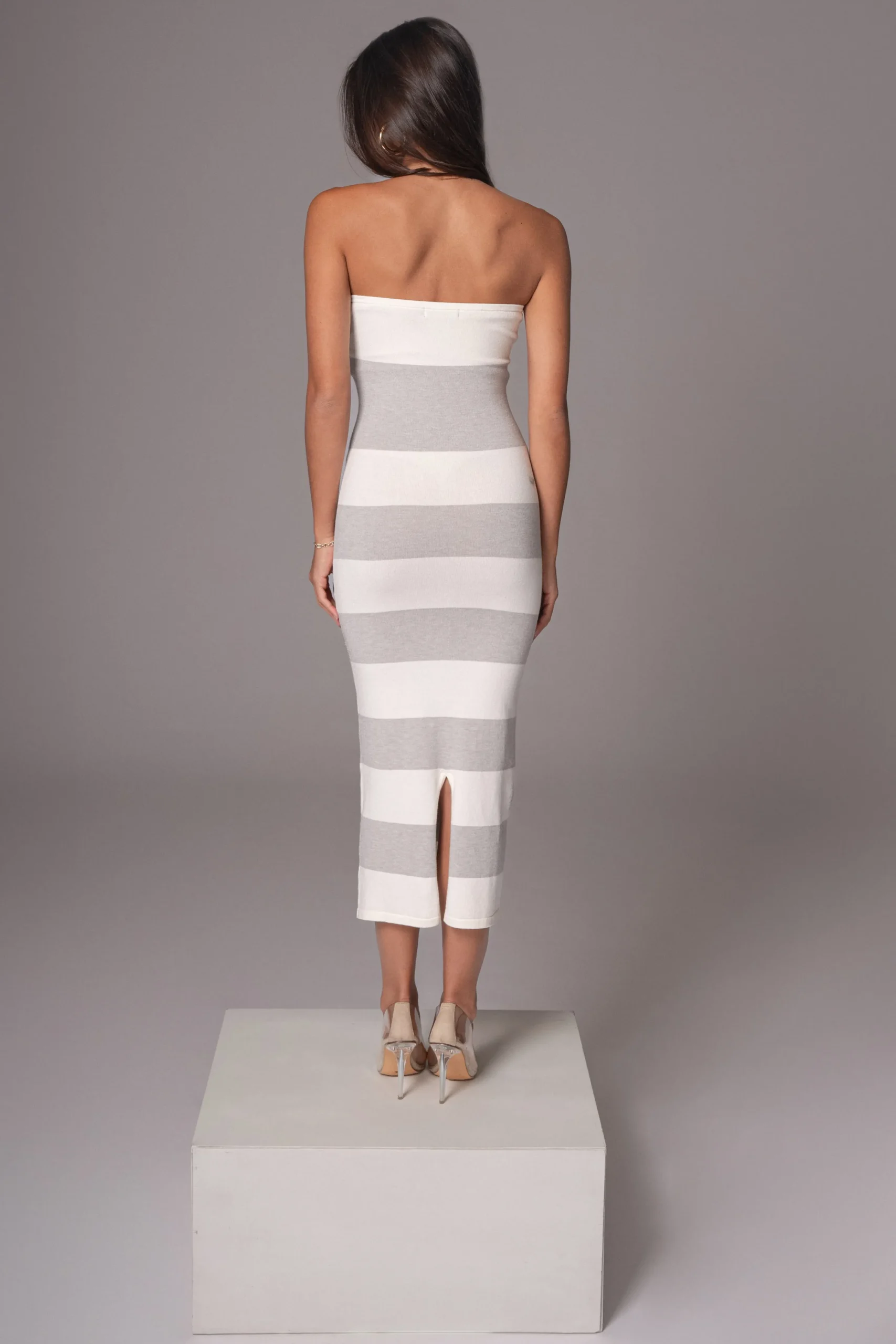 Ivory/Heather Grey Striped Strapless Midi Dress*JLUXLABEL Outlet