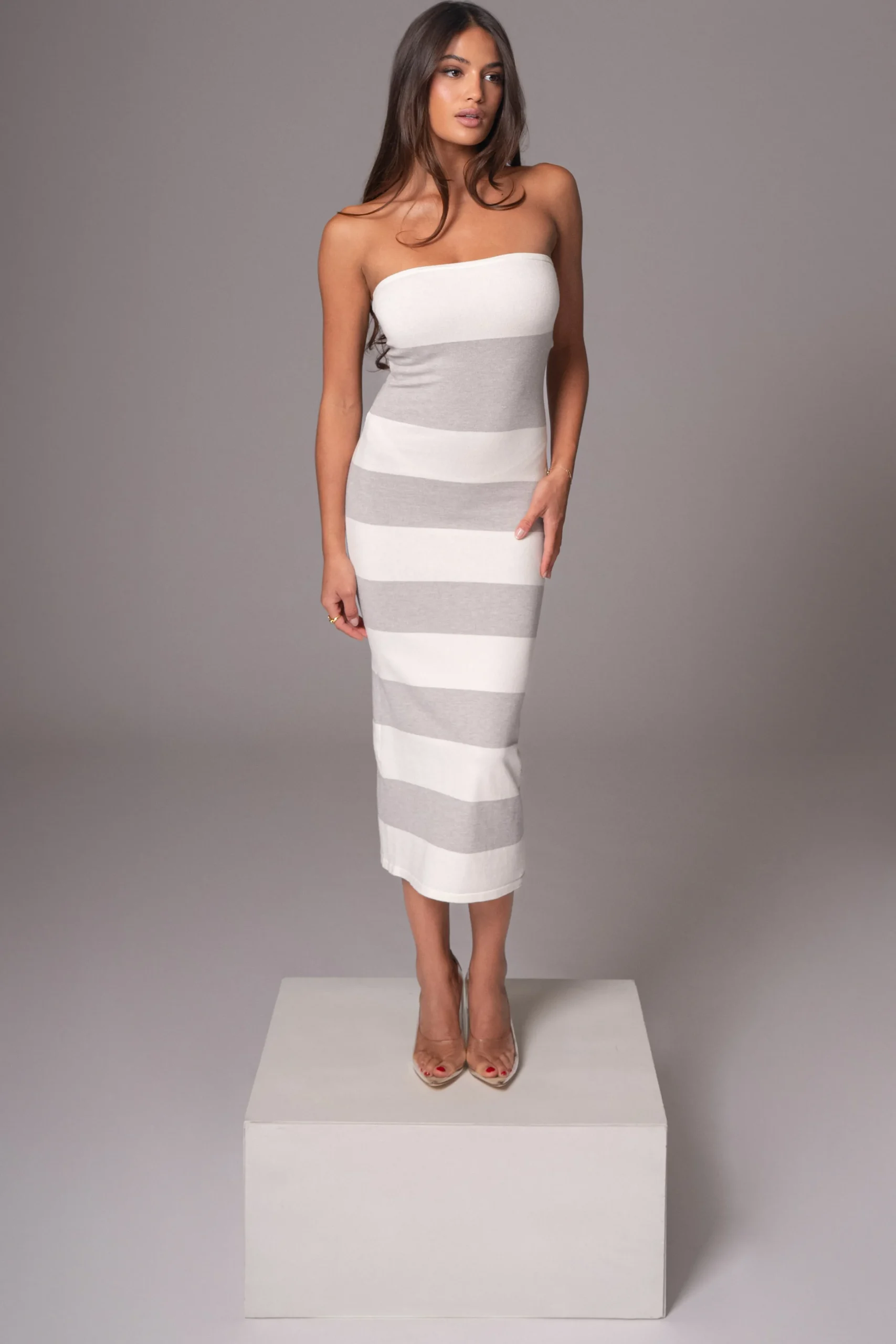 Ivory/Heather Grey Striped Strapless Midi Dress*JLUXLABEL Outlet