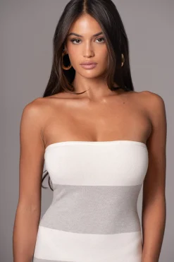Ivory/Heather Grey Striped Strapless Midi Dress*JLUXLABEL Outlet