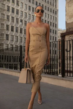 Khaki Asymmetric Belted Midi Dress*JLUXLABEL New